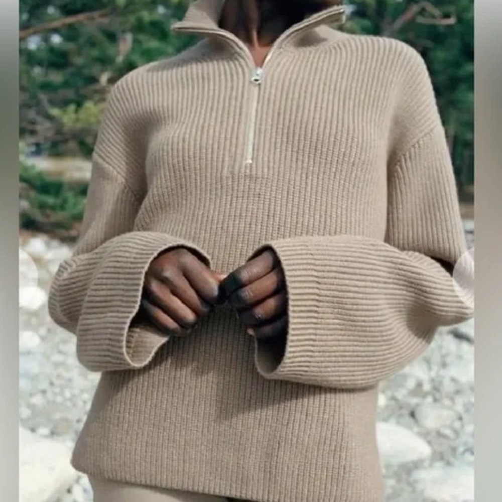 & Other Stories Beige Knit Quarter-Zip